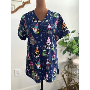 Christmas Scrub Top Gnomes Dogs Holiday Print Women's Medium Nurse Uniform‎